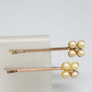 Pair of Vintage  White Faux Pearl Silver Bobby or Hair Pins, Rhinestone Embellishment