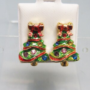 Tiny Rhinestone Christmas Tree Pierced Earrings, Vintage 1960s, Adorable