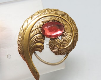 Golden Textured Jeweled Feather Scarf Clip, Vintage Scarf Ring