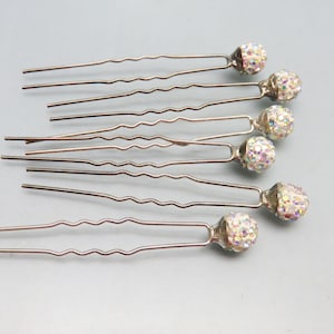 Rhinestone Ball Bobby Pins - Aurora Borealis Silvertone Hair Pins (Set of 6)