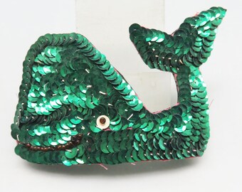 1960s Green Sequin Whale Hair Barrette: Vintage Novelty Clip