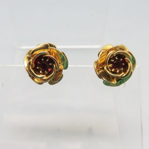 Gold Plated Rose Pierced Earrings, Vintage, Red Rhinestone Center