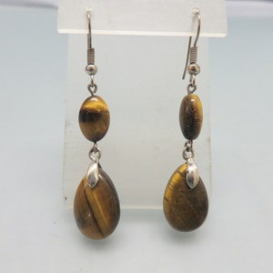 Vintage  Sterling Tigers Eye Pierced Earrings, Double Stone Earrings