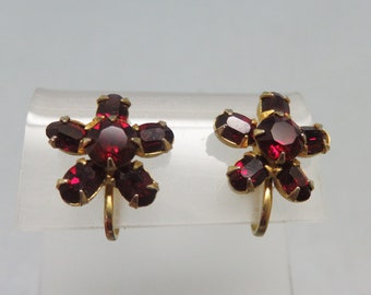 Red Rhinestone Screw Back Earrings, Flower Design, Vintage from the 1960s