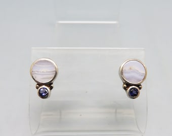 Vintage Sterling Silver and Light Blue Wedding Lace Agate Pierced Earrings, Tiny Amethyst Accent