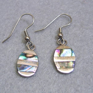 Alpaca Silver and Abalone Shell Pierced Earrings, Petite Ovals, Vintage