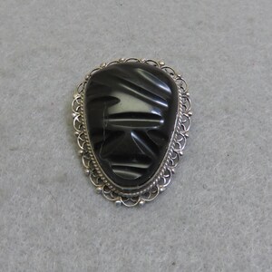 Vintage 1960s Sterling Silver Mayan Onyx Face Brooch - Mexico