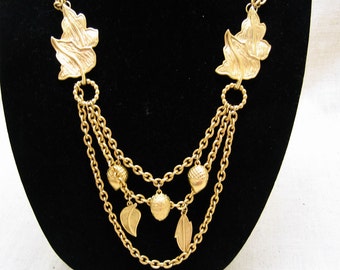 Sexy 1980s Gold Chain Acorns and Leaves Bib Necklace