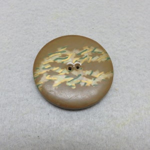 Vintage Celluloid Button: 1940s Khaki Brown with Green & Gold, 2-inch
