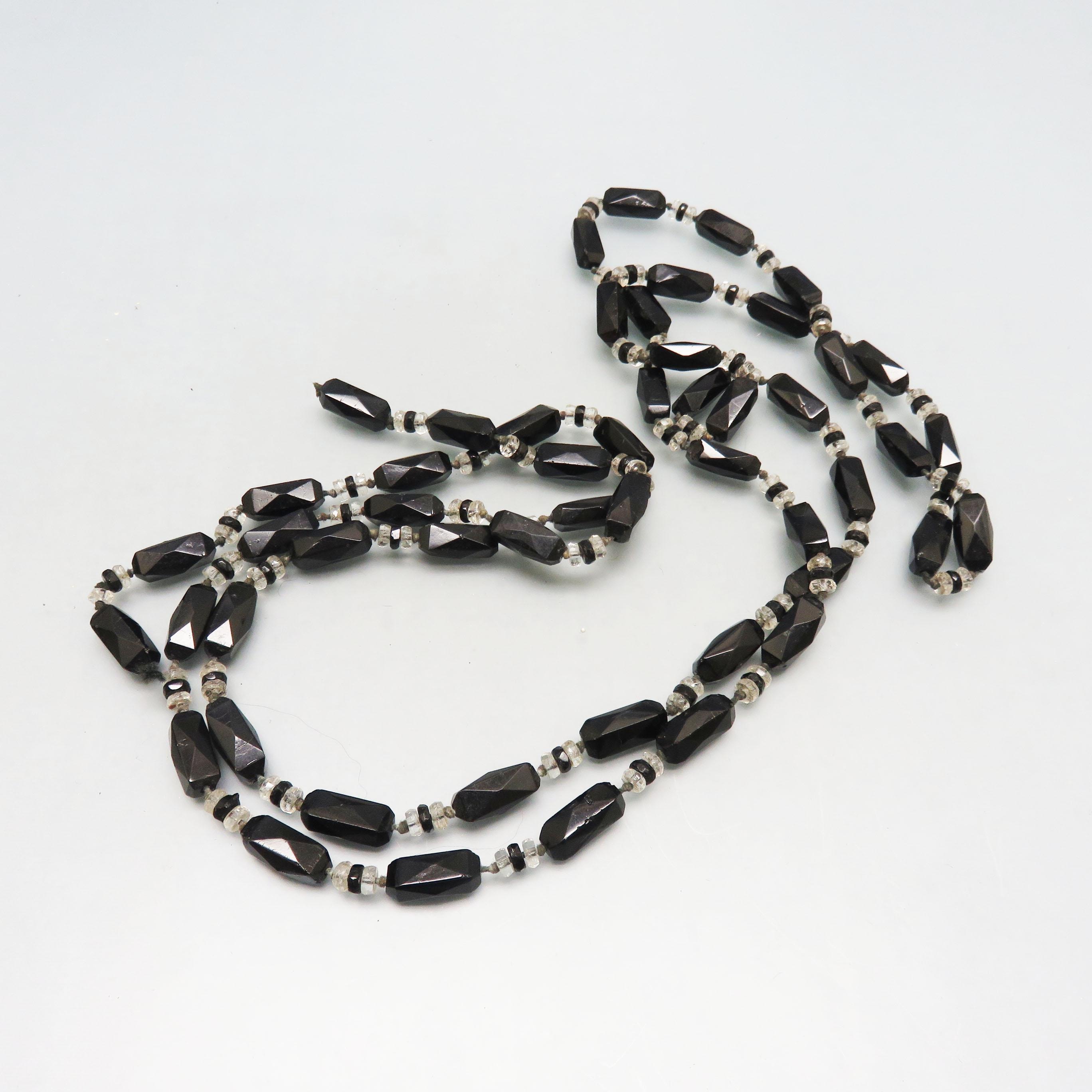 Art Deco Black Clear Crystal Necklace 53in Flapper Glass Beads 1930s Art Deco Black Glass Bead Necklace: 57 main image 2