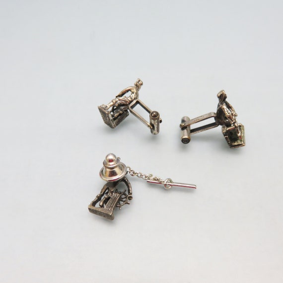 Sterling Silver Cufflinks and Tie Tack, Vintage, … - image 4