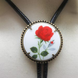 Vintage Single Red Rose  Bolo Tie, Handmade Western Bolo Tie