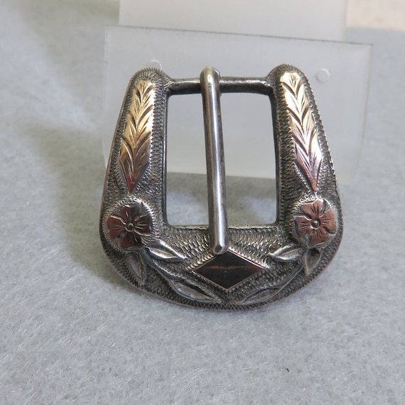 Vintage Mexican Sterling Silver & Gold Belt Buckle: Floral Western