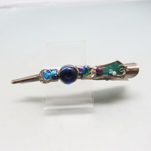 Vintage Art Glass Hair Clip, Blue Green Purple Glass, Antiqued Silvertone Wirework Alligator Clip, 5 Inch