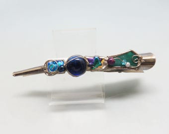 Vintage Art Glass Hair Clip, Blue Green Purple Glass, Antiqued Silvertone Wirework Alligator Clip, 5 Inch