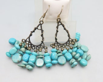 Vintage Turquoise and Sterling Pierced Earrings, Chandelier Earrings, Ethnic Earrings