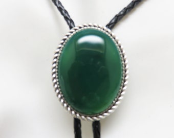 Handmade Big Oval Dark Green Agate Bolo Tie, Made in Montana, Translucent Stone, Elegant