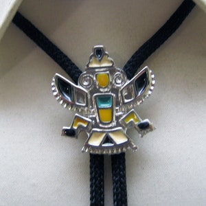 May include: A silver bolo tie with a black cord. The bolo tie features a colorful, stylized design of a mythical creature with yellow, green, and black accents.