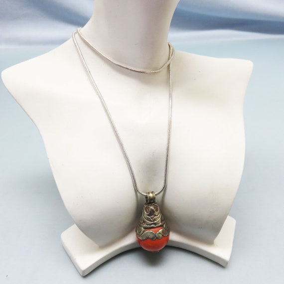 Sterling Setting, Faux Coral Pendant Necklace, Vi… - image 5