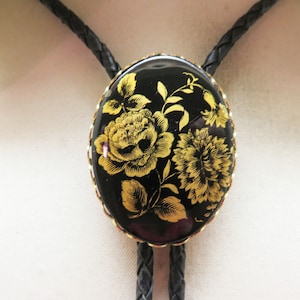 Gold and Black Floral Resin Cabochon Bolo Tie, Handmade Bolo Tie, Rockin&#39; JK Bolo Tie