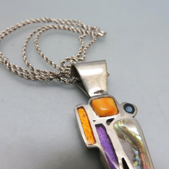 Sterling BoHo Stone, Shell and Enamel Pendant Nec… - image 3