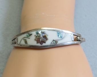 Vintage Abalone Shell Inlaid Stone Hinged White Bangle Bracelet