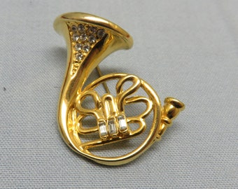 Adorable Vintage Rhinestone French Horn Brooch