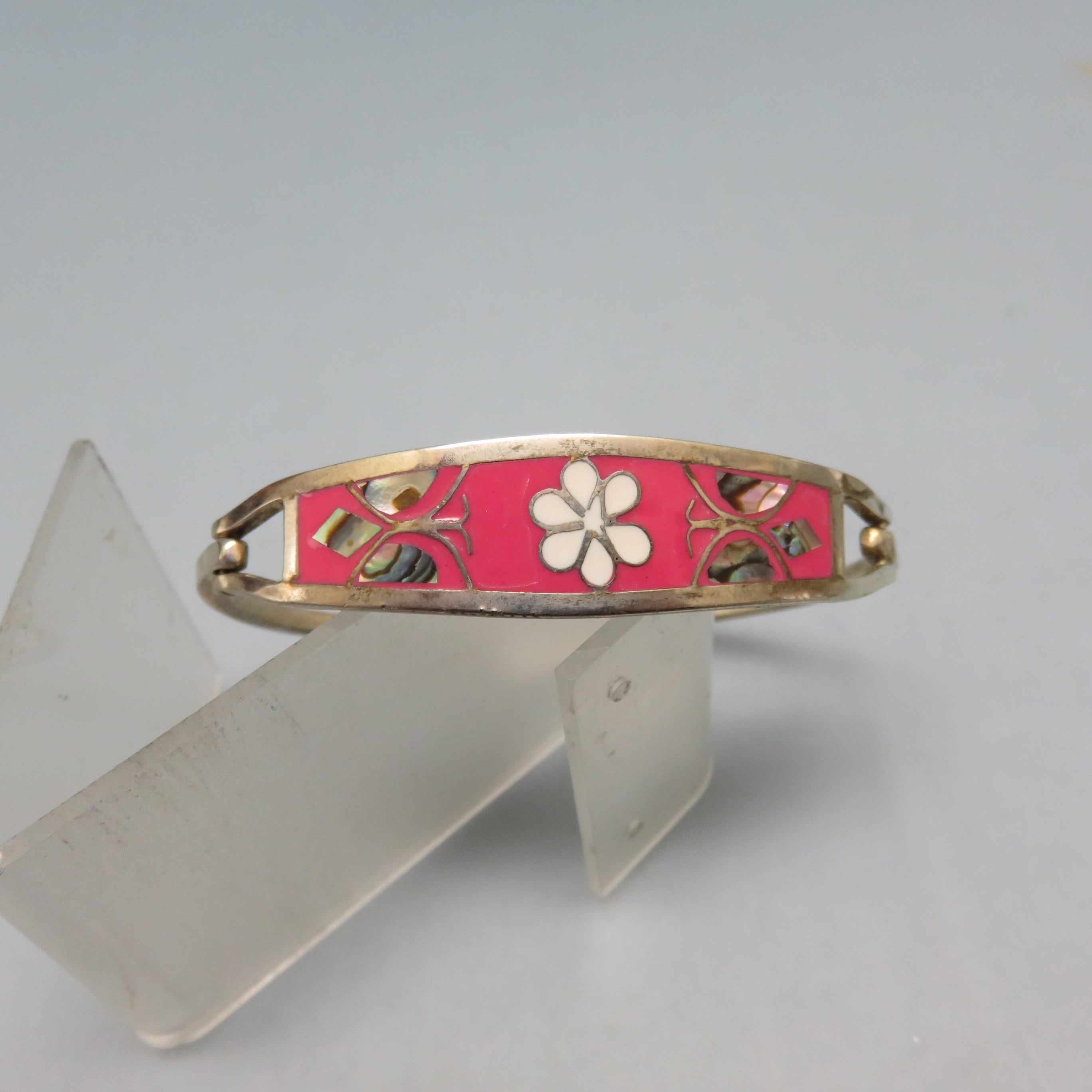 Abalone Alpaca Hinged Bangle Bracelet, Pink Enamel, White Flower