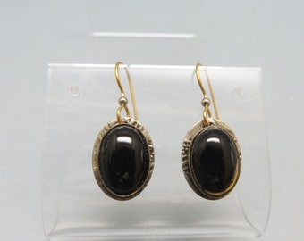 Victorian Look Antiqued Golden Metal Onyx Drop Pierced  Earrings