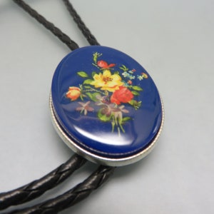 Vintage Resin Floral Transferware Bolo Tie,  Handmade, Blue Background
