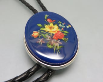 Vintage Resin Floral Transferware Bolo Tie,  Handmade, Blue Background