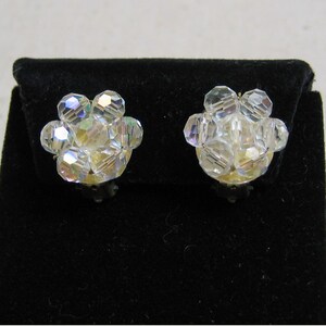 1960s Faceted Clear Aurora Borealis  Austrian Crystal Clip Earrings
