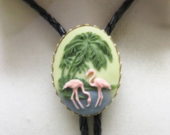 Pink Flamingos in Tropics Bolo Tie,  Handmade