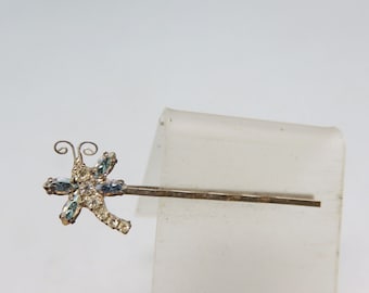 Vintage Blue and Clear Rhinestone Dragonfly Bobby Pin, Dragonfly Hair Pin
