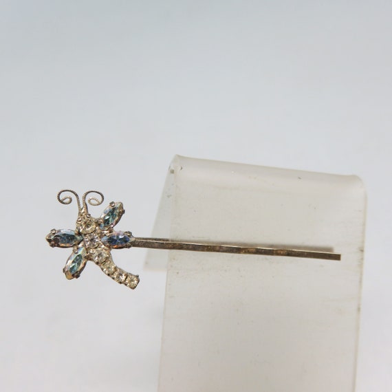 Vintage Blue and Clear Rhinestone Dragonfly Bobby… - image 1