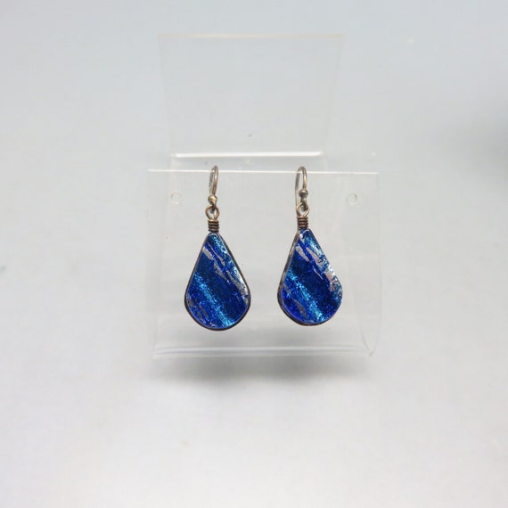 Blue Dichroic Glass Pierced Earrings,  Vintage Pi… - image 2