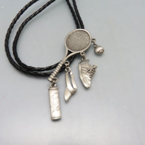 Tennis Racket Bolo Tie: Silvertone Metal, Rockin' JK Design