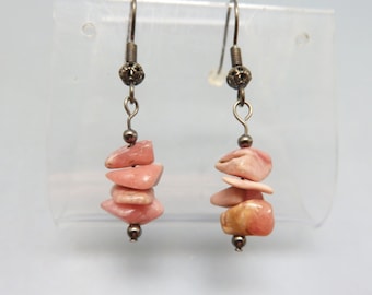 Real Pink Rhodonite Chip Pierced Earrings, Vintage Southwestern Earrings