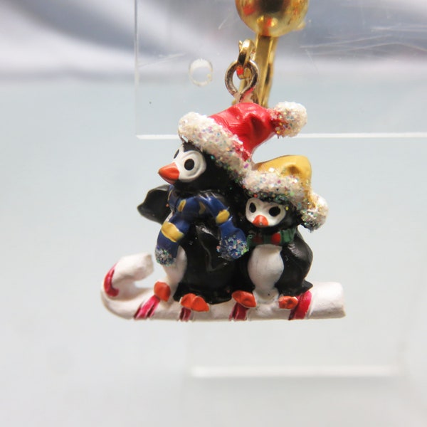 Christmas Penguin Clip On Earrings, Vintage Christmas Earrings, Penguins on a Sled