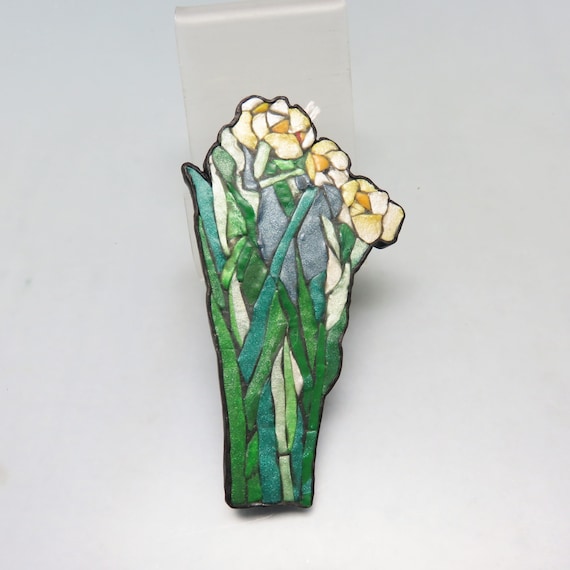 Friendly Plastic Floral Iris Brooch, Stained Glass Look