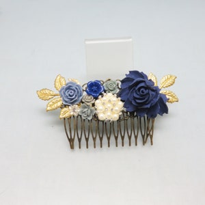 Vintage Blue Floral Hair Comb: Pearl & Golden Leaf Ornament
