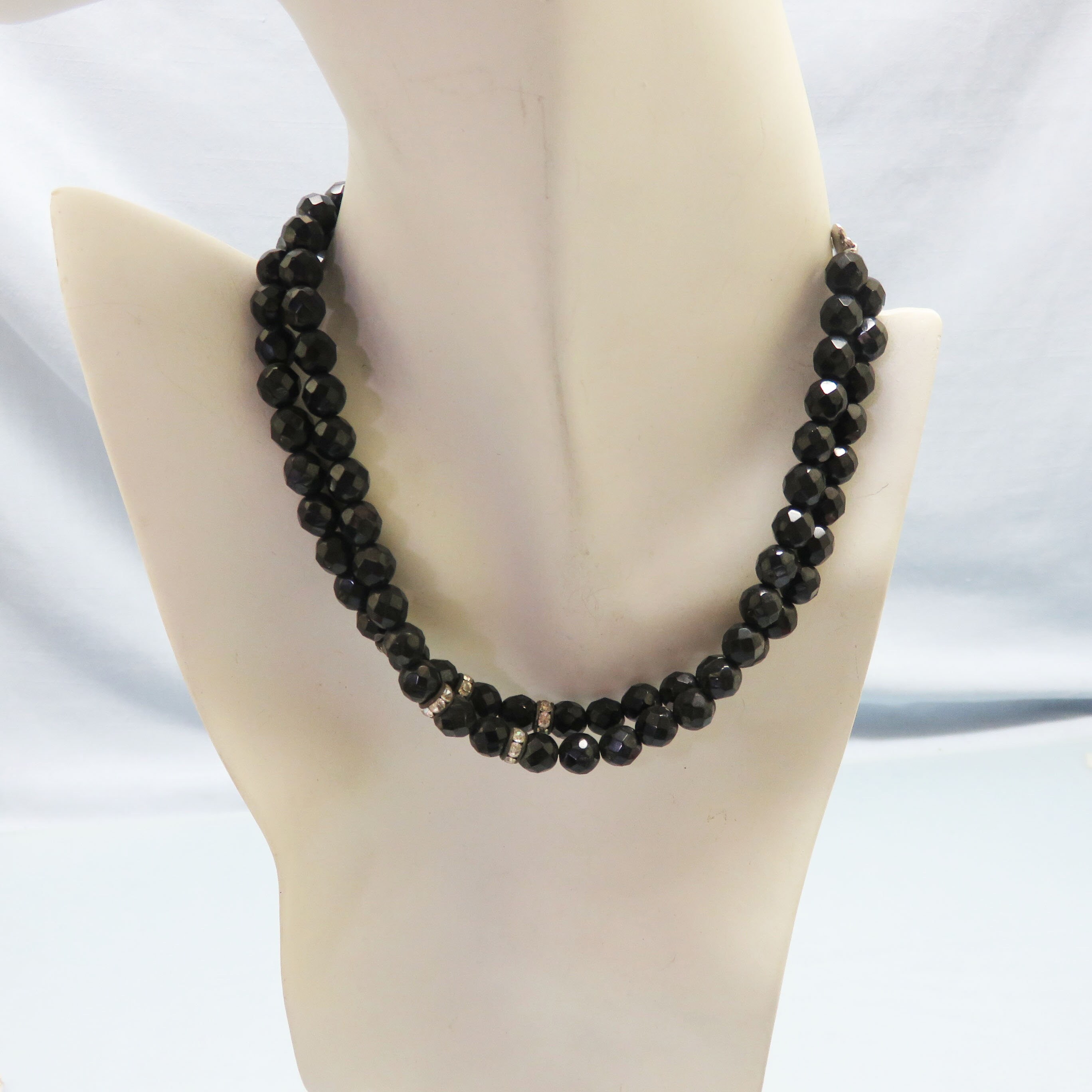 1960s 2 Strand Faceted Black Glass Bead Necklace, 16 Inch