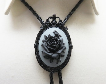 Vintage Black Rose Cameo Bolo Tie,  Handmade, Black Rose, Gray Background Bolo
