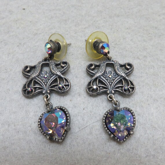 1980s Colorful Rhinestone Silver Metal Dangle Pie… - image 1