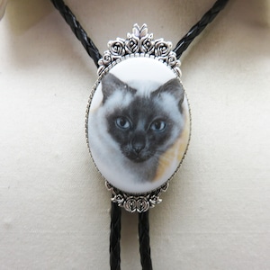 Siamese Cat Bolo Tie: Vintage Style Silvertone Metal, Handmade