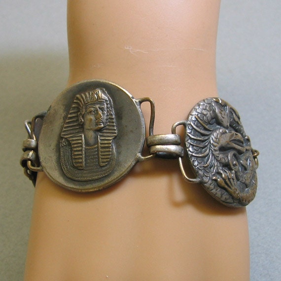 Egyptian Themed Aged Brass Link Bracelet, 1960s, … - image 2