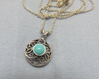 Petite Sterling Turquoise Pendant Necklace, Filigree Setting, 18 Inch Sterling Chain