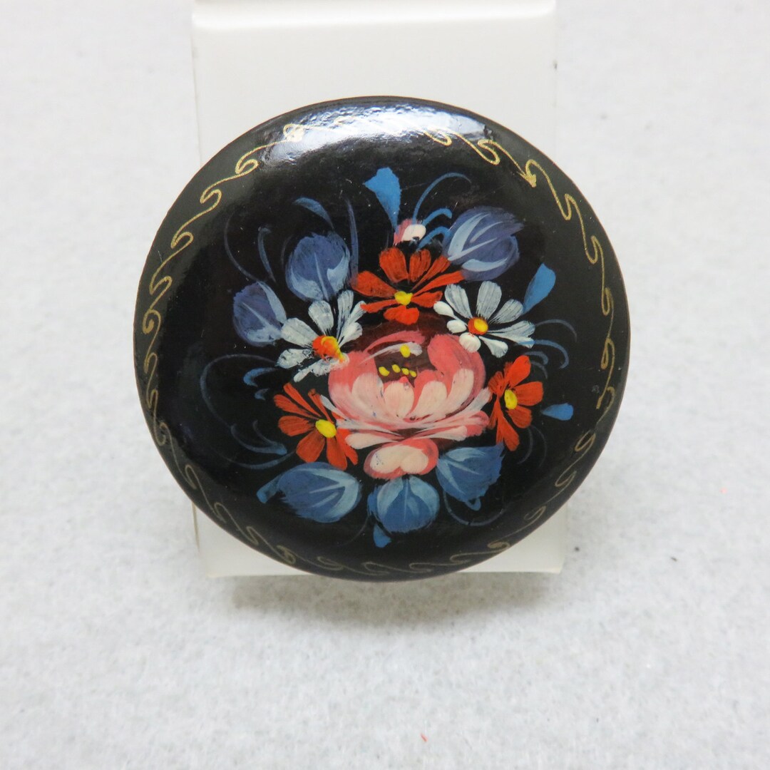 ヴィンテージ ロシア製 手描き 木製 花柄ブローチ、ジョストヴォ