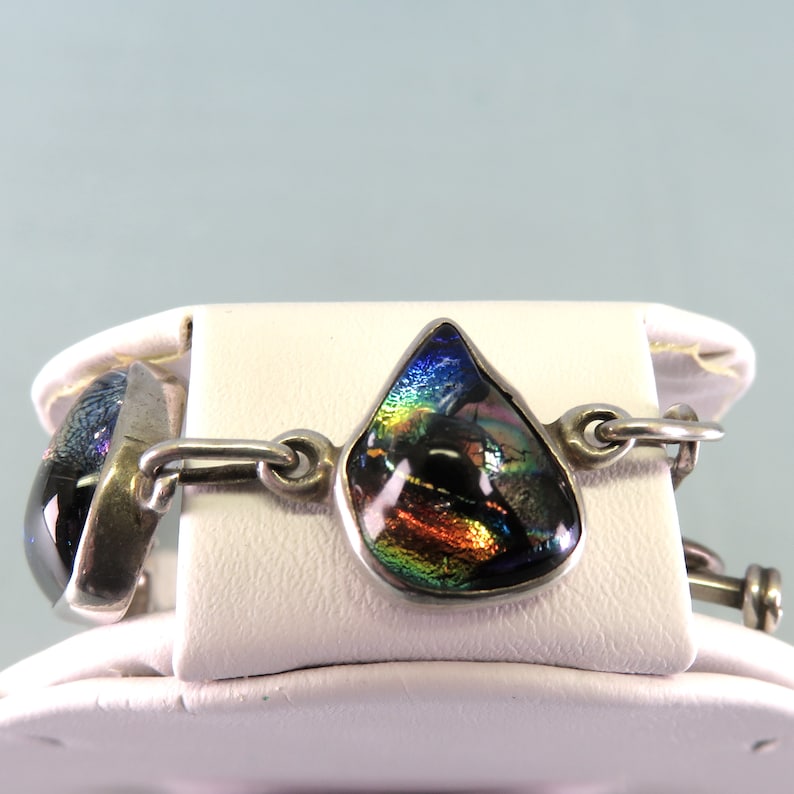 Sterling and Dichroic Glass Link Bracelet Vintage 7.50 Inches