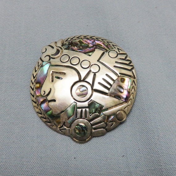 Vintage 1960s Mexican Aztec or Mayan Mask Brooch … - image 1